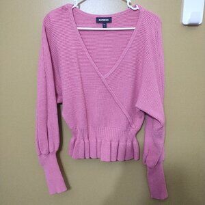 Express V Neck Ribbed Faux Wrap Peplum Sweater S Barbie Y2K